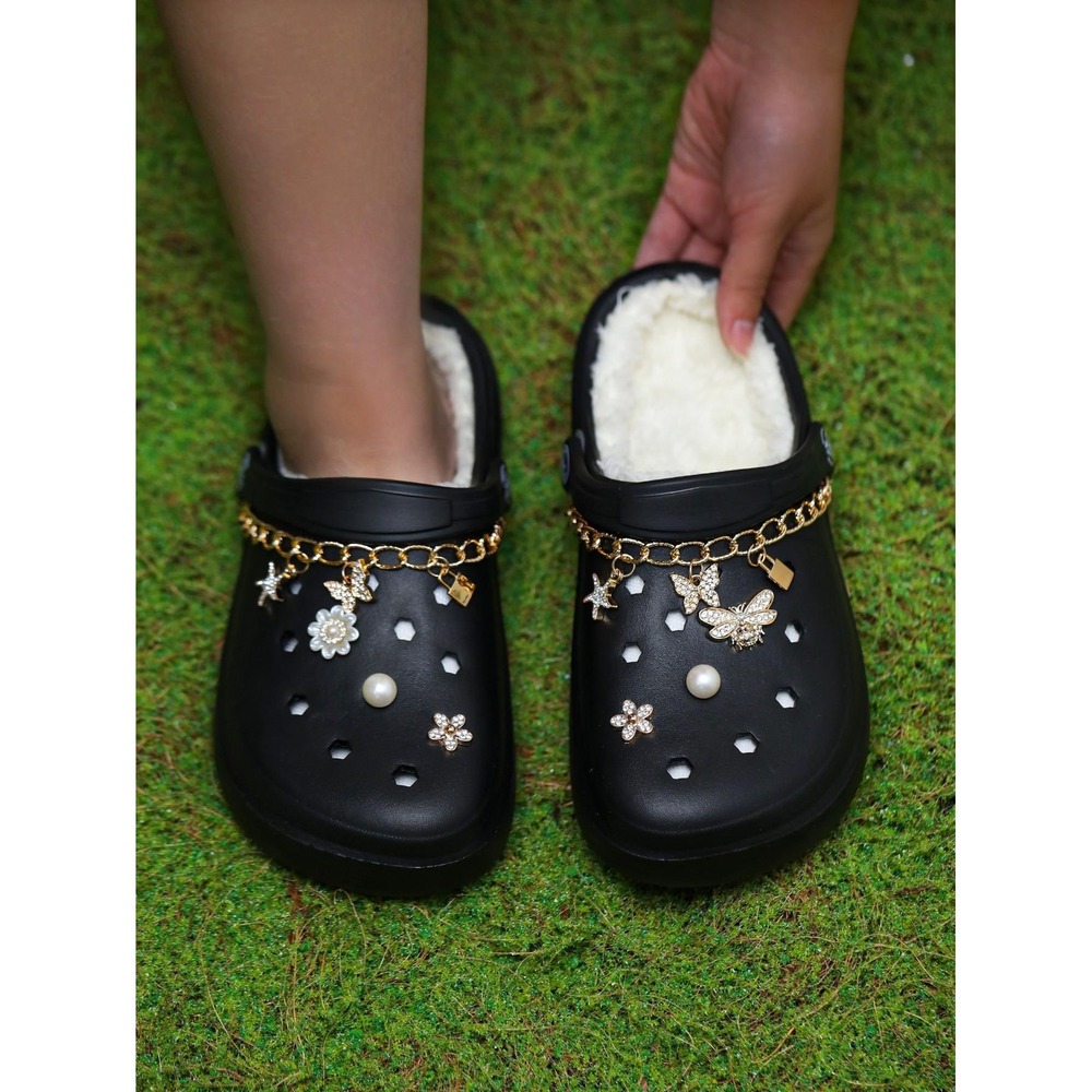 Faux Fur Lined Platform Clogs with Gold Chain and Butterfly Charms Black